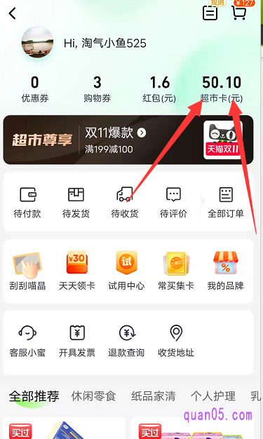 然后点击优惠券上方的“我的购物券”，即可进入如下页面