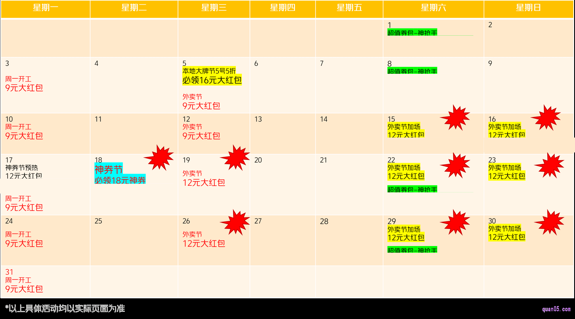 美团外卖7月份活动日历